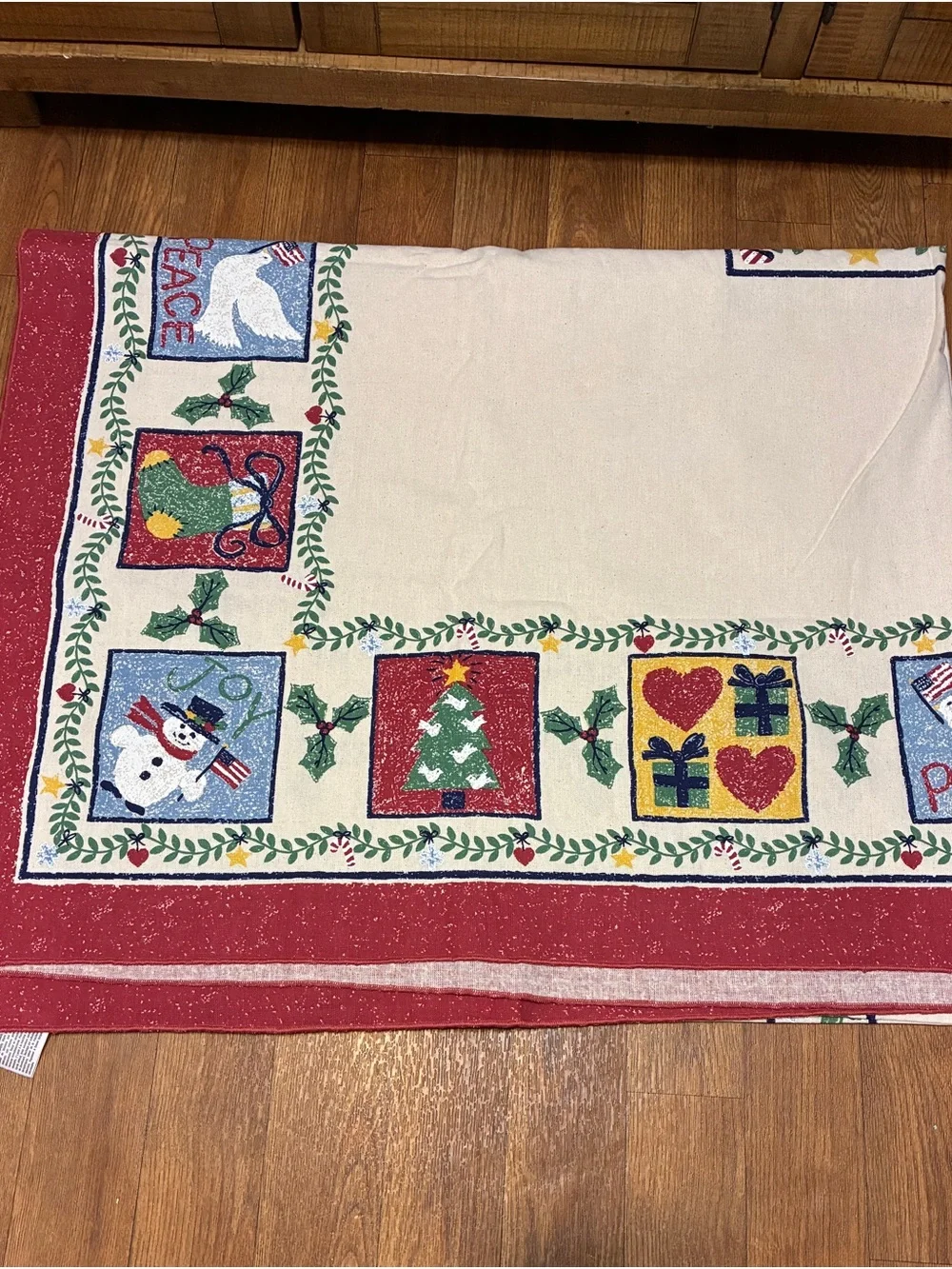 Vintage Holiday Tablecloth Karsten Terrisol Red & Cream Christmas Border Design
